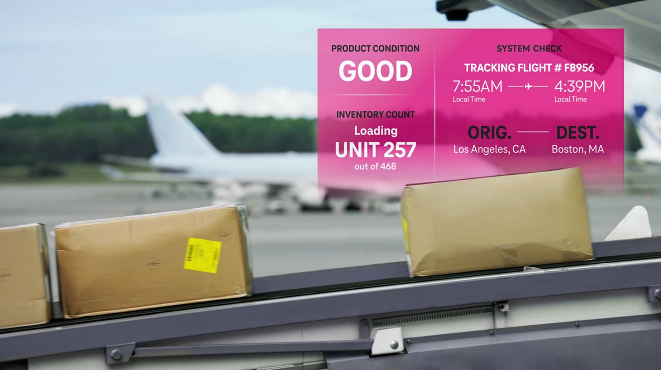 A conveyor belt loads boxes onto a plane. An AI dashboard overlay shows product and tracking data.