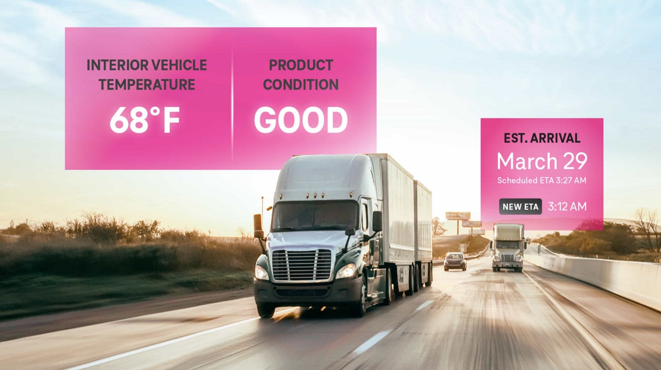 Two semi-trucks on a road, with temperature, product condition, and arrival date overlays.