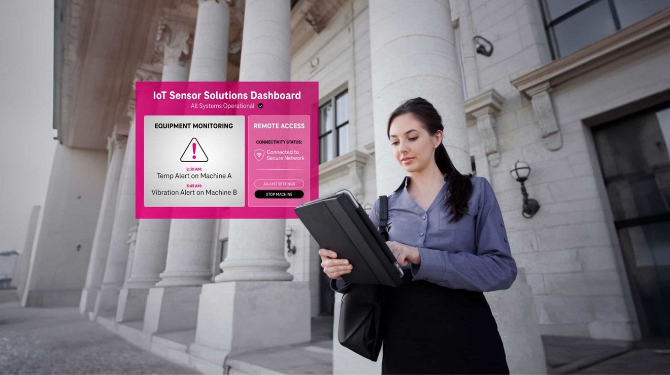 A screen of an IoT sensor solutions dashboard next to a businessperson working on a laptop outdoors.