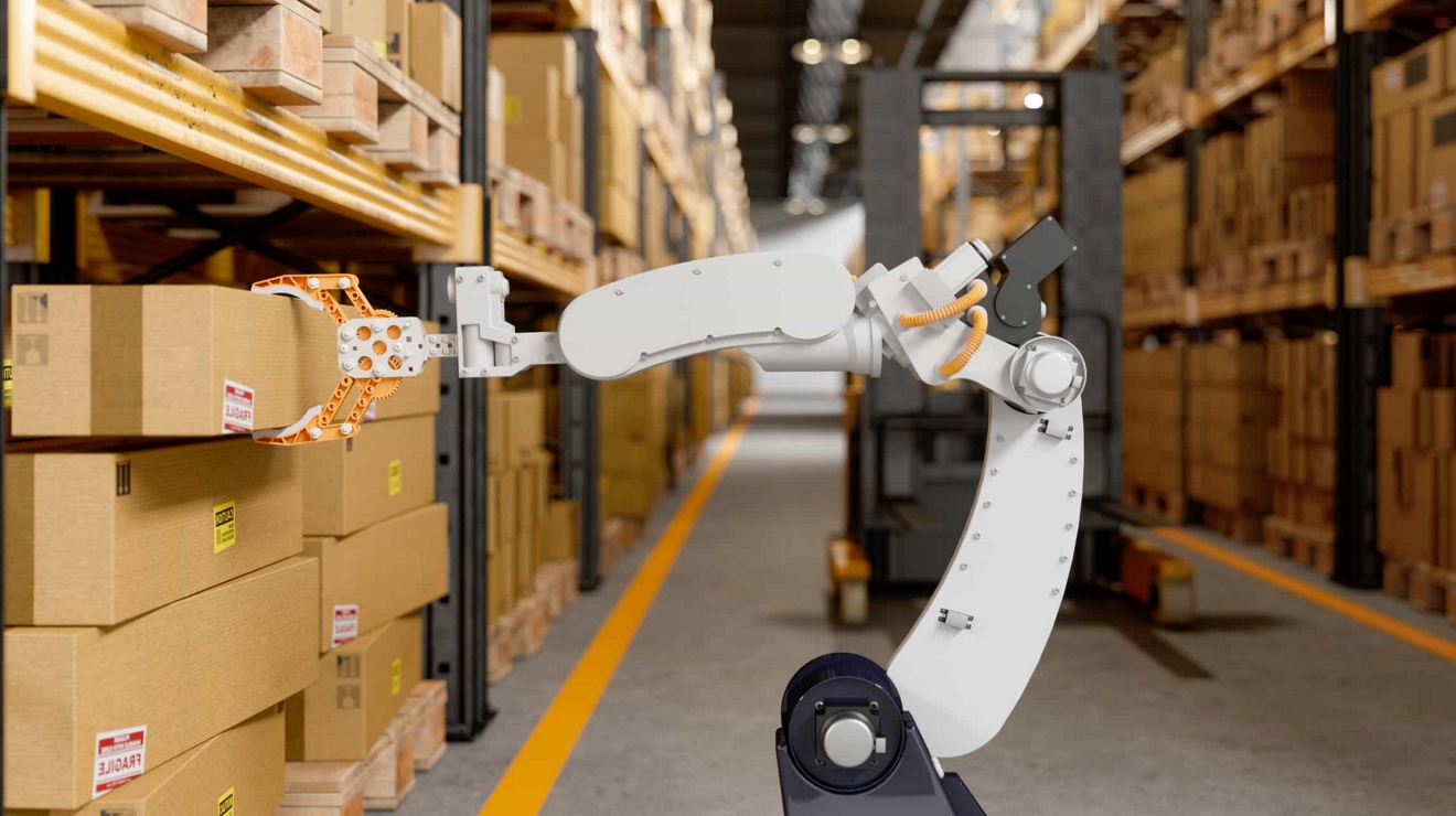 Robotic arm grips a box on a warehouse shelf. 
