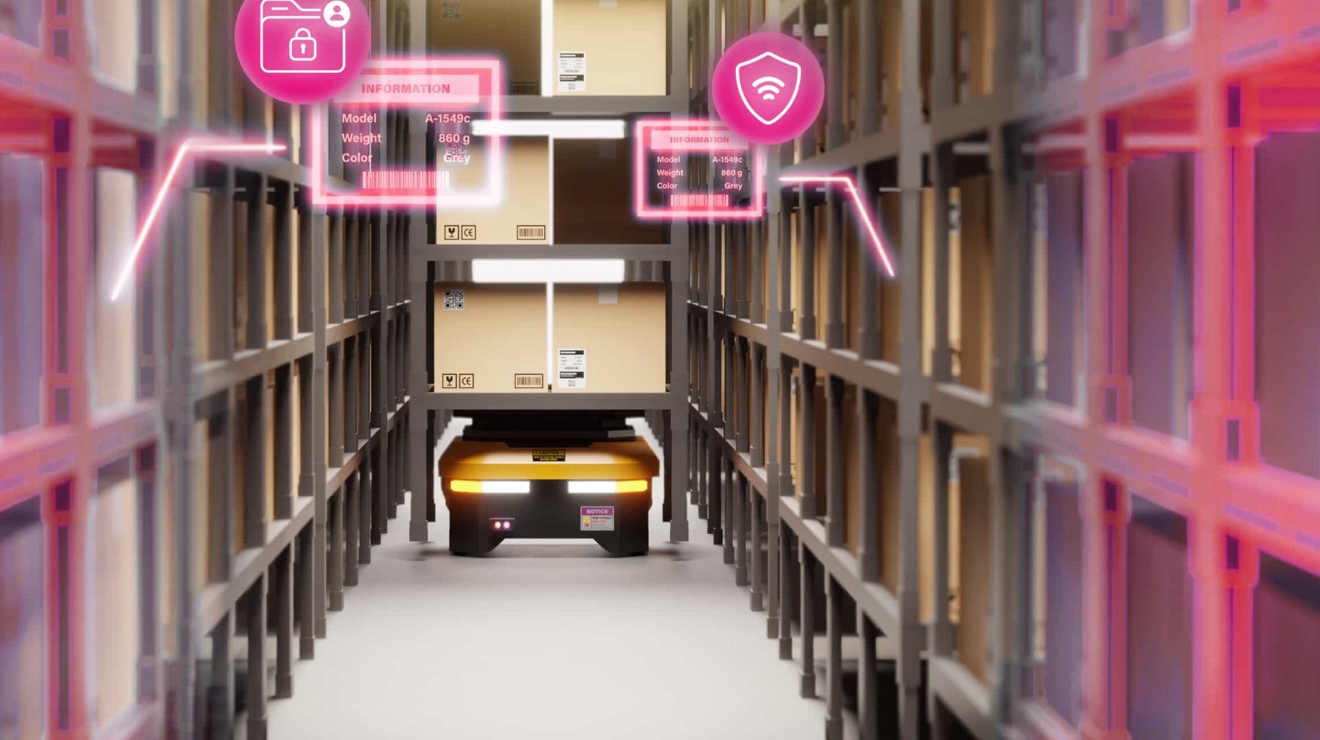 Warehouse robot in aisle with overlays that show data like product models & weight is well protected.