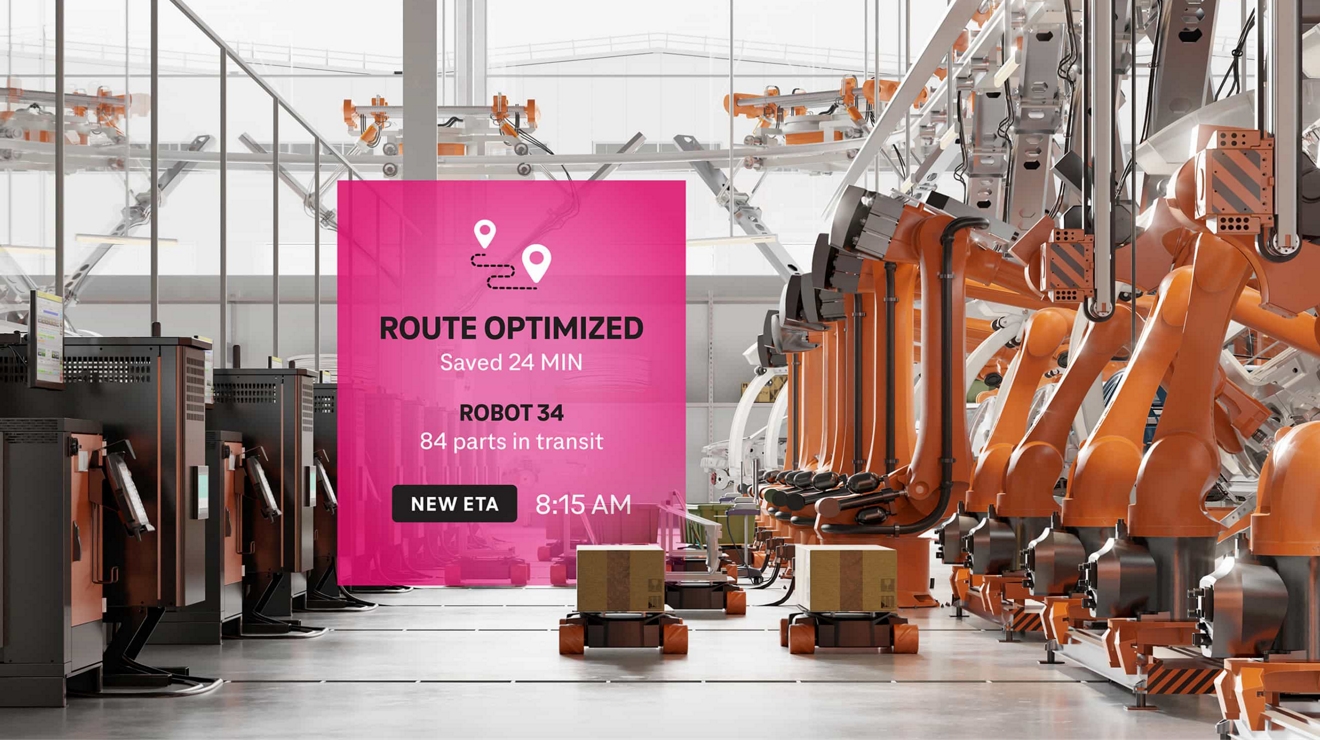 Autonomous robots move in a busy manufacturing plant. A status update shows a robot’s optimized ETA.