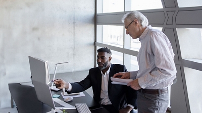 Two government employees collaborate while looking at a computer at the office.