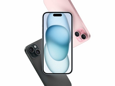 Back views of one Pink and one Black iPhone15 and a front view of a Blue iPhone 15