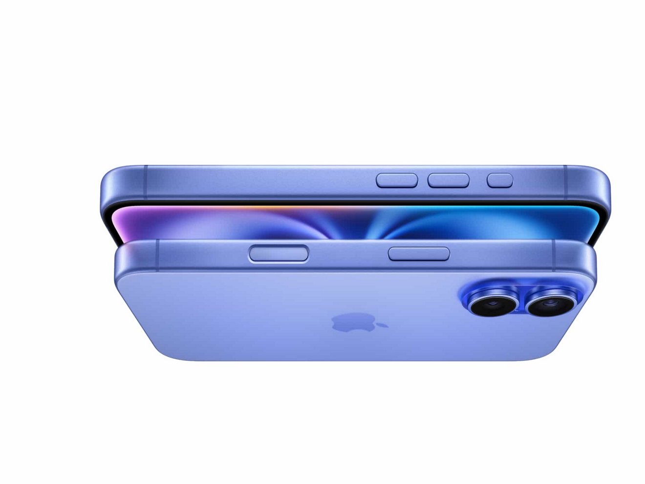 Horizontal side views of two Apple iPhone 16 devices; Apple Intelligence available now.