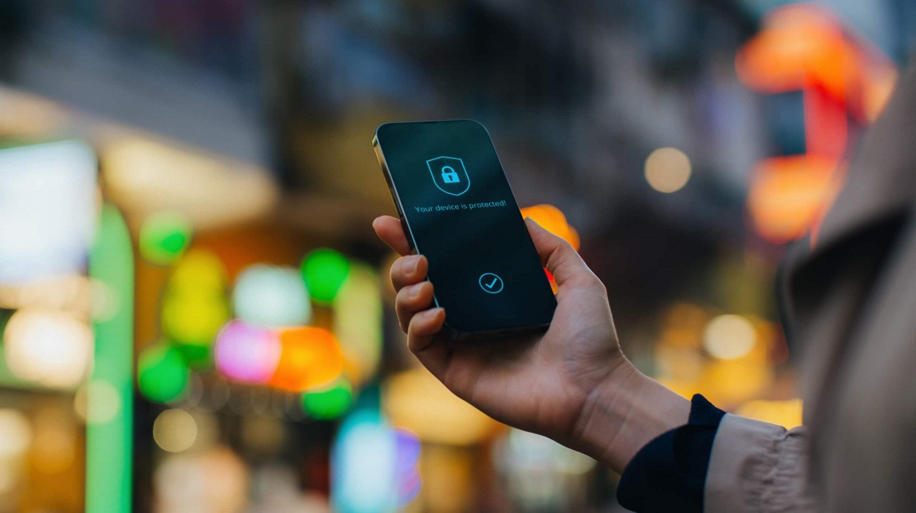 The lock screen on a smartphone in someone’s hand uses icons and text to show that it’s protected.