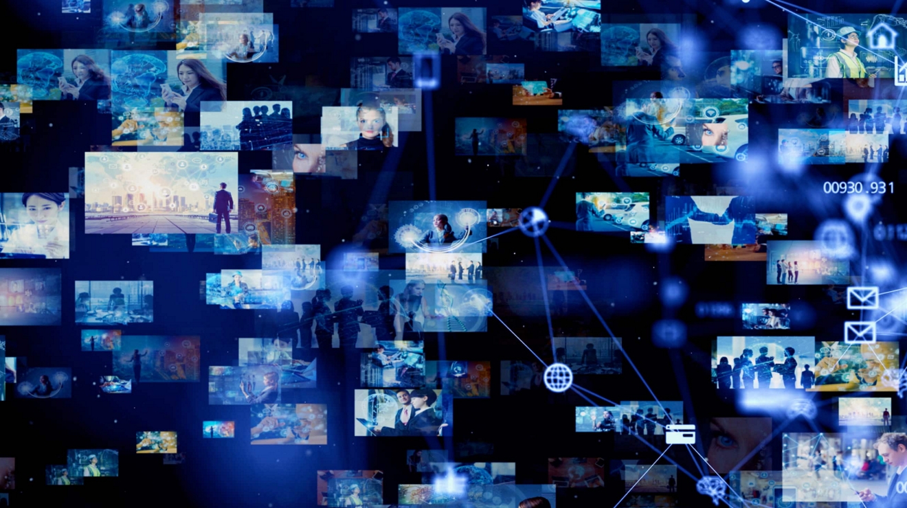 A montage of interconnected images, video captures, and web, email, and chat icons. 