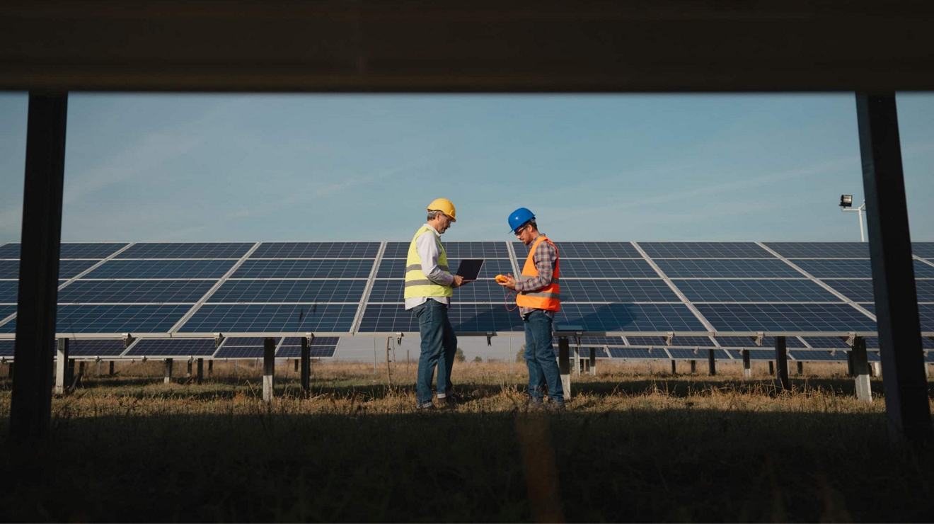 Working on a tablet and smartphone, two utility workers stand beside a bank of solar panels.