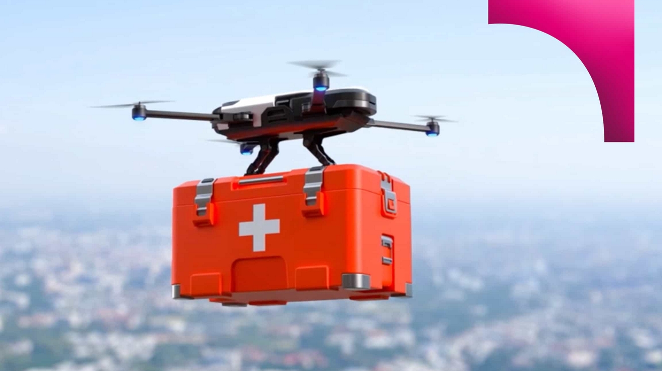 drone carrying medical supplies in the air
