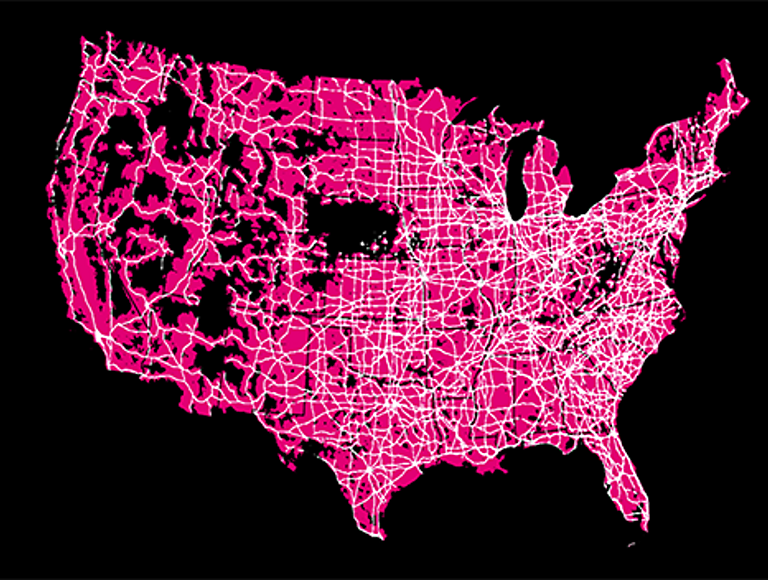 Map of US roads and highways covered by the T-Mobile 5G network. Coverage areas are indicated in magenta.