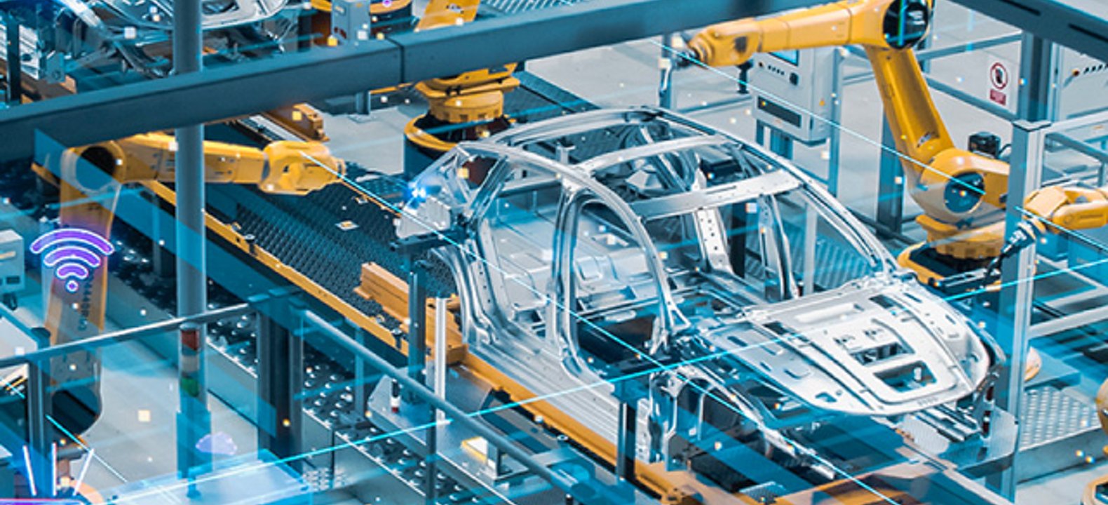 Overhead view of automobile assembly line with Wi-Fi icons at several points