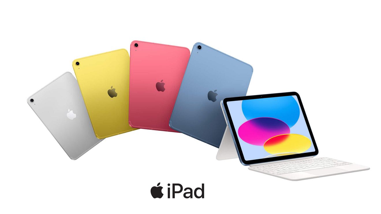 Four iPad A16 devices shown in silver, yellow, pink, and blue, plus one iPad A16 with a keyboard.