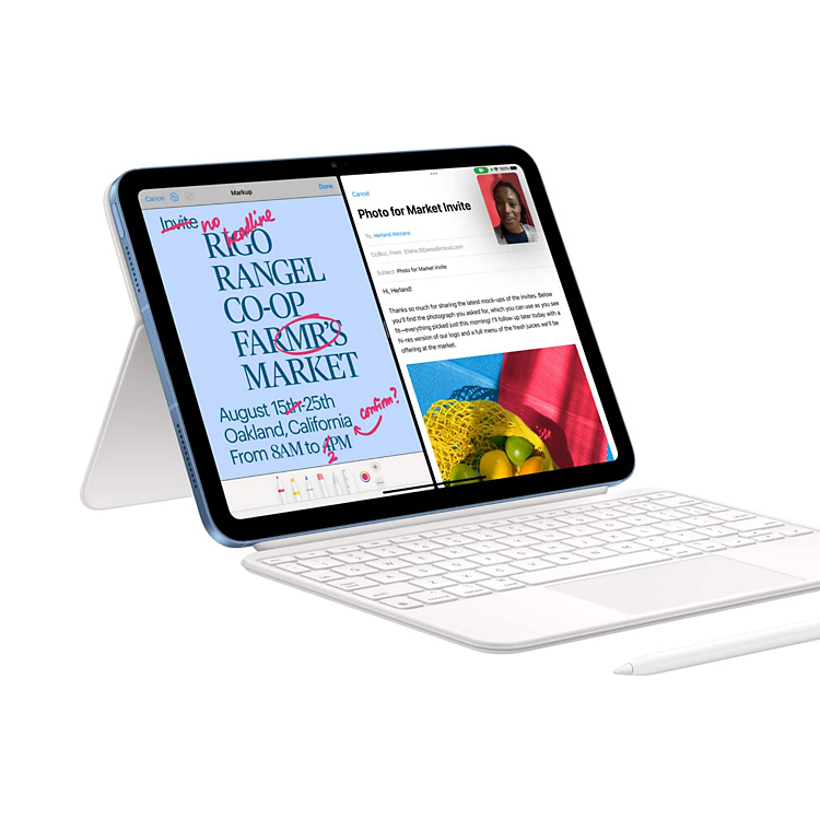 An iPad 10th generation with a keyboard and an Apple Pencil.