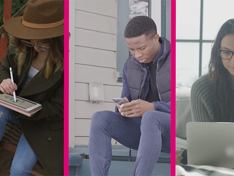 Collage of three people looking at devices