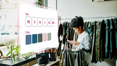 A clothing shopper checks item size and color availability on her smartphone.