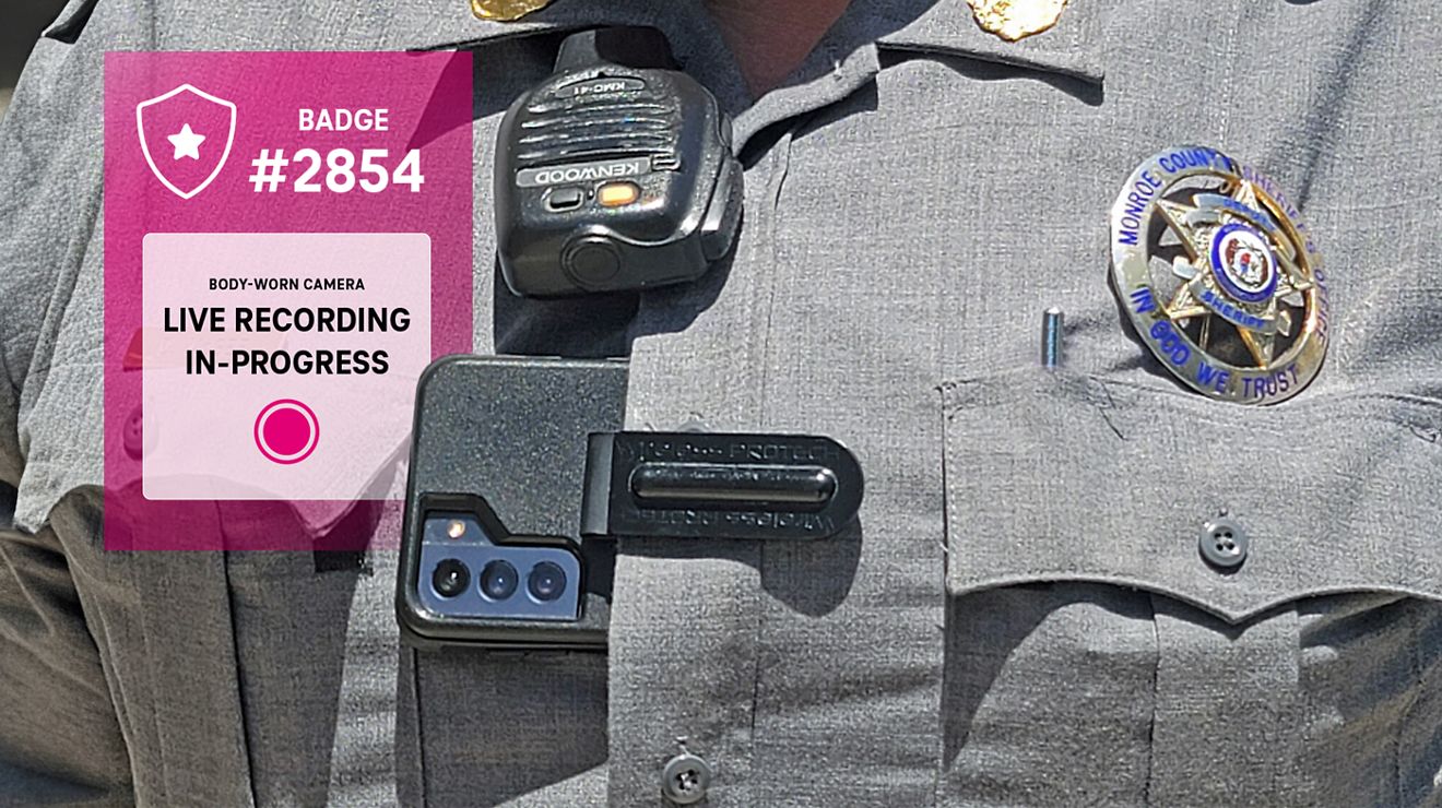 A police officer’s body-worn camara with live recording in progress.