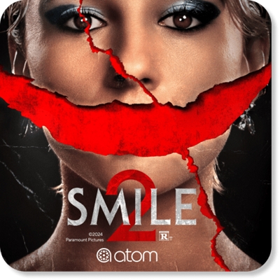 Smile 2 movie poster featuring a woman with a red slash across her mouth.
