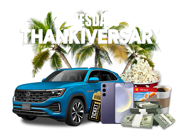 Tuesdays Thankiversary featuring prizes like a car, phone, money, or more.