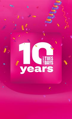 Bright pink graphic with colorful confetti, featuring a bold ‘10 years’ design celebrating T‑Mobile Tuesdays.