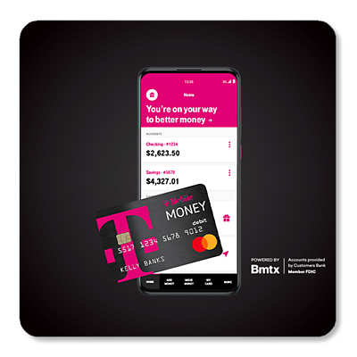 A phone with T-Mobile MONEY app on the screen, with a debit card in front of the phone.