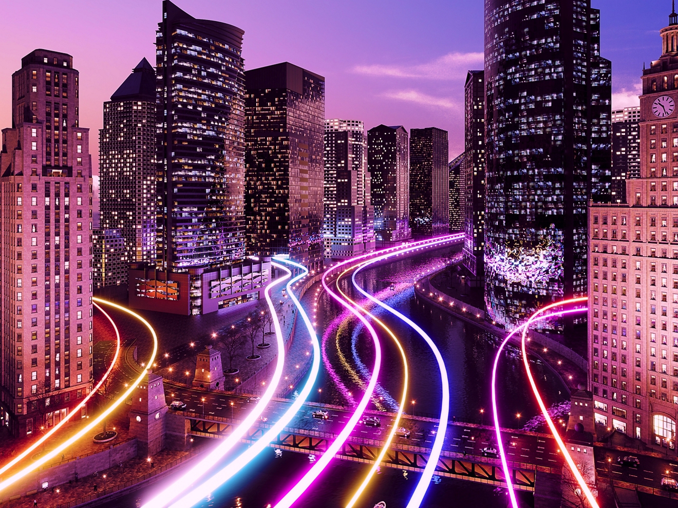 Colorful light trails representing different radio frequencies swoosh through a cityscape. 