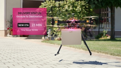 A drone in flight, carrying a package, and an optimized delivery status ETA callout. 