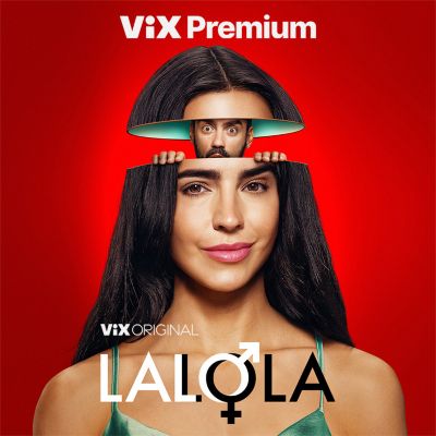ViX Premium. ViX original. LALOLA. A woman is smiling with a split head. A man’s face is popping out between the woman’s eyebrows and forehead. 
