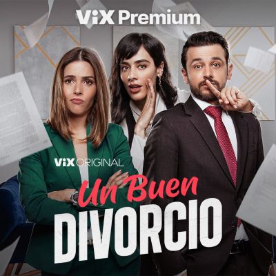 ViX Premium. ViX original. Un Buen Divorcio. A woman on the left has her arm crossed, the woman in the center whispers to woman on the left, and the man on the right is being hushed by the woman in center. 