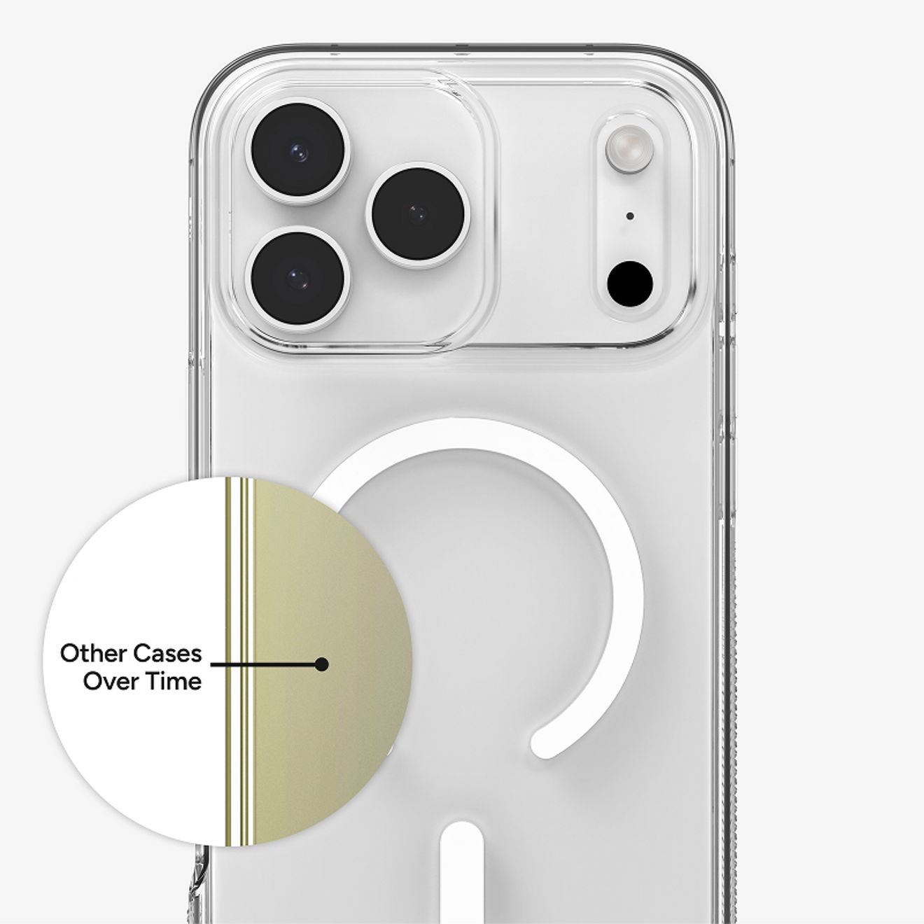 Close-up of a silver iPhone 17 Pro in a clear Mophie case with a white magnetic charging ring, alongside an inset comparing the case’s resistance to yellowing over time.