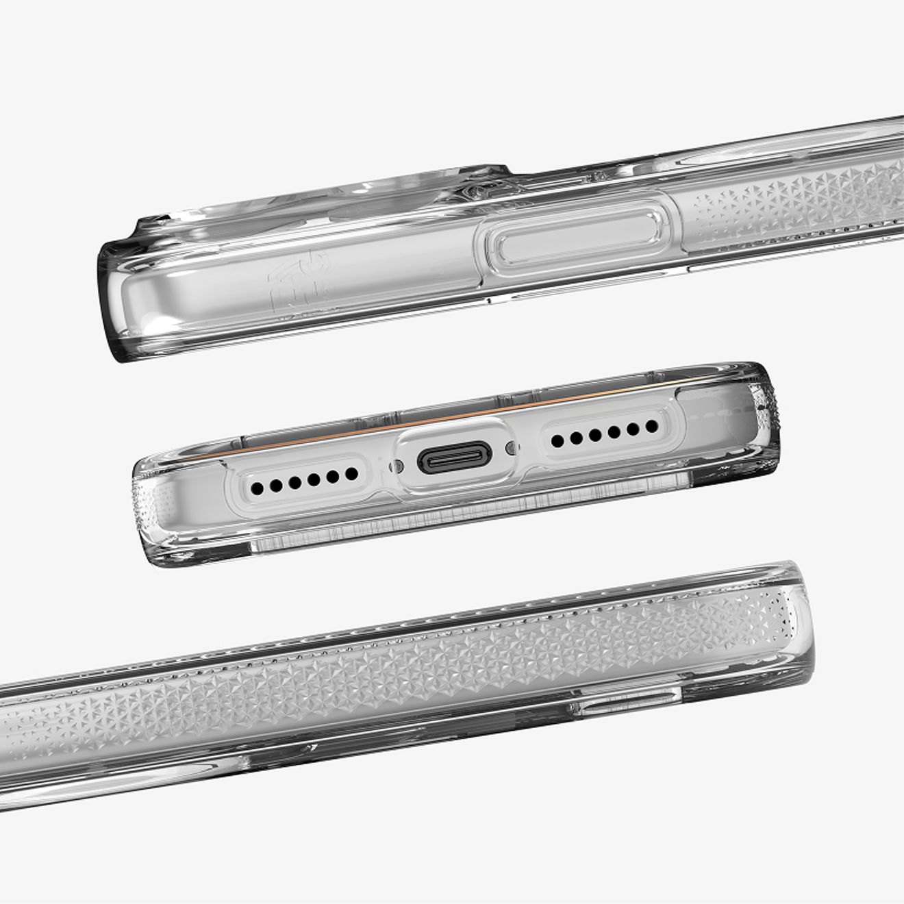 Three close-up views of a silver iPhone 17 Pro in a clear ZAGG Crystal Palace case, highlighting the slim profile, textured edges, integrated camera button, USB-C port and speaker openings.