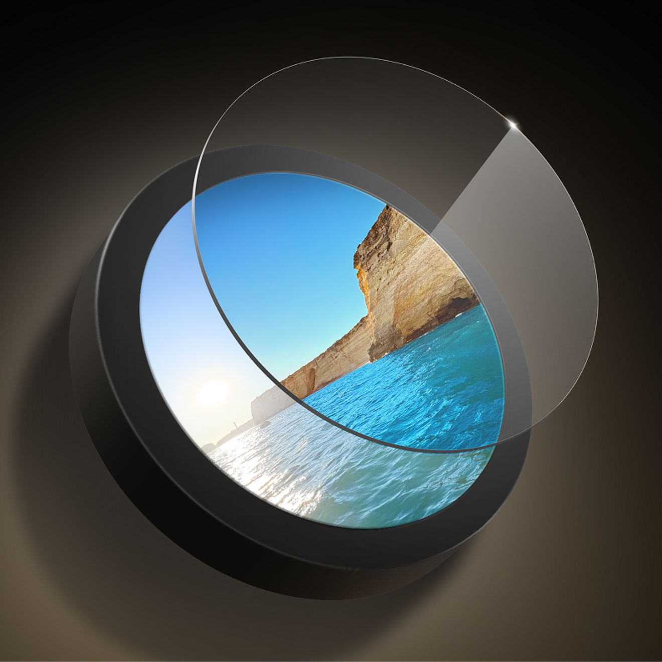 A circular ZAGG 4-way privacy filter displays a coastal scene, with a transparent overlay illustrating how the screen limits visibility from different viewing angles.