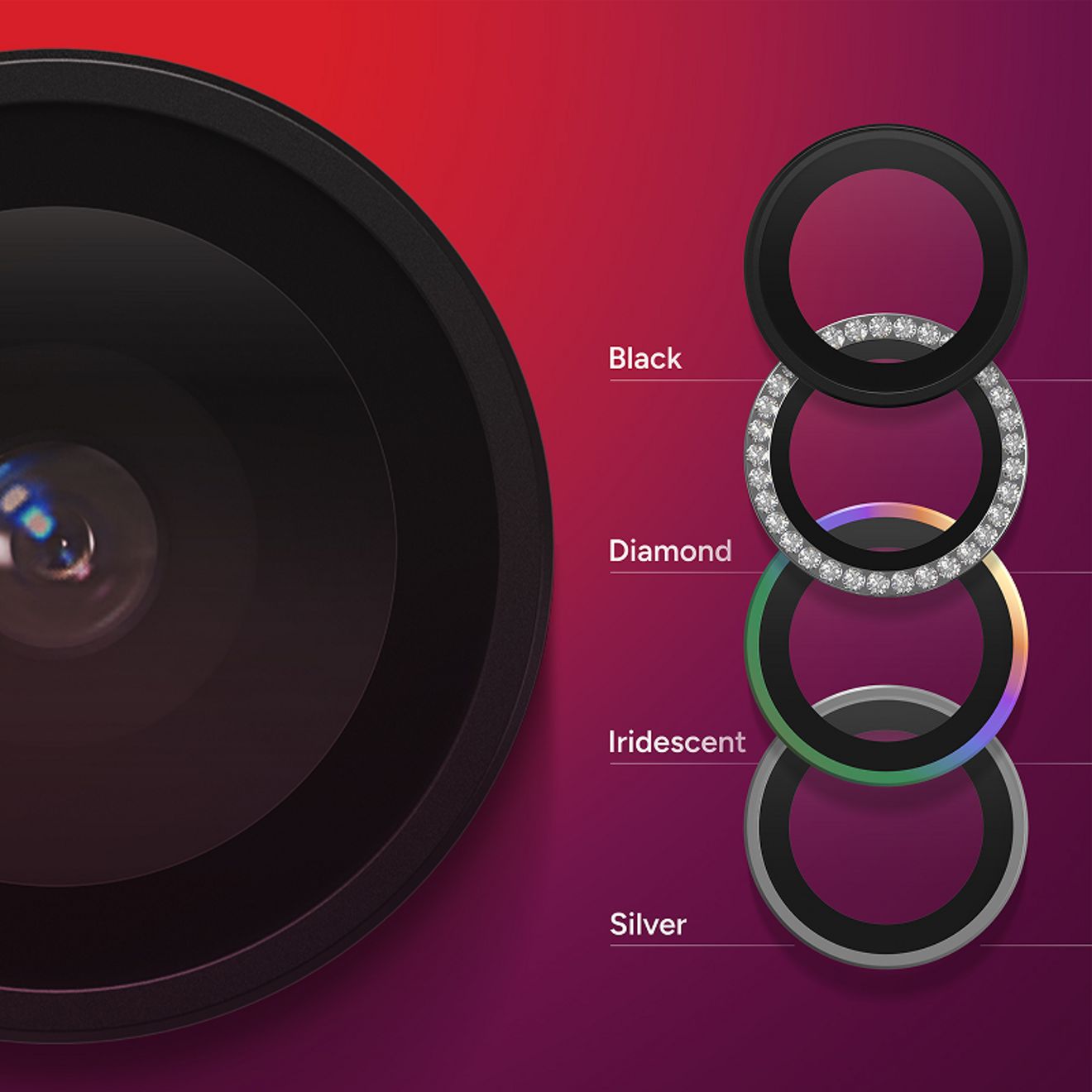 ZAGG Glass Elite Camera Lens Protectors displayed in four color options, including Black, Diamond, Iridescent and Silver, beside a close-up of a camera lens with an iridescent ring.