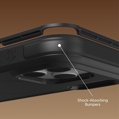 Close-up cutaway view of an iPhone in a black protective Rainier case, with the words “shock-absorbing bumpers” in the bottom-left corner.