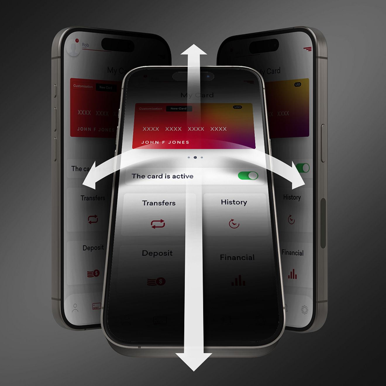 Three overlapping iPhones display a mobile banking app, with white arrows pointing up, down, left, and right to illustrate multidirectional screen privacy protection.