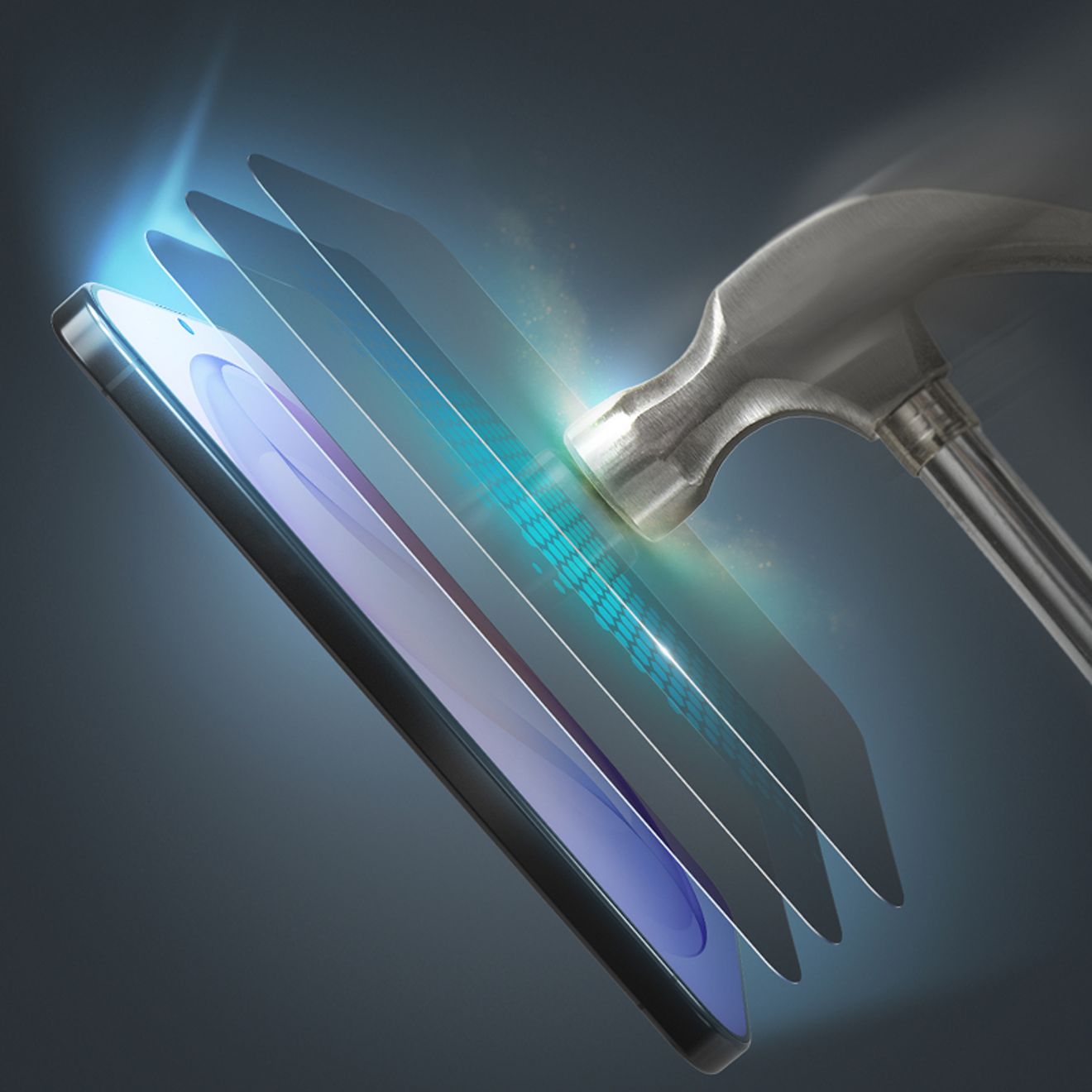Close-up rendering of a smartphone screen with multiple transparent layers of ZAGG XTR6 screen protection separated above the display, illustrating its layered protective technology.