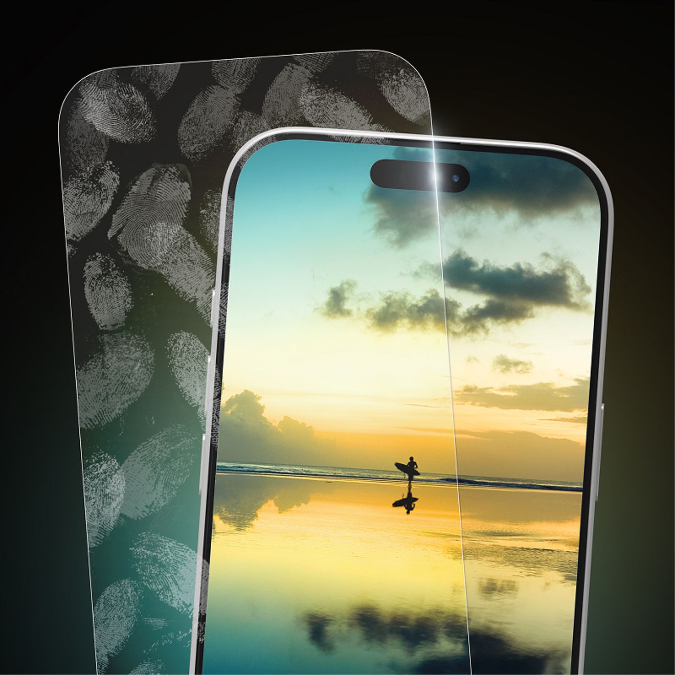 An iPhone with XTR6 screen protection displays a beach sunset, with a split-screen comparison showing visible fingerprints on one side and a clear, smudge-free screen on the other.