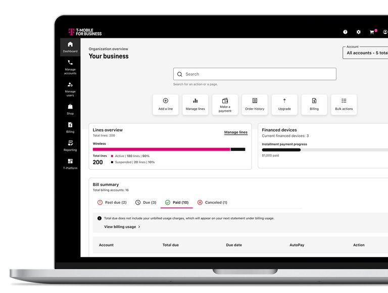 A laptop displaying a business account dashboard with a dark left navigation menu and a  main panel titled “Your business.” The screen shows sections for license overview, bill  summary, and financial devices, including status indicators and usage details.