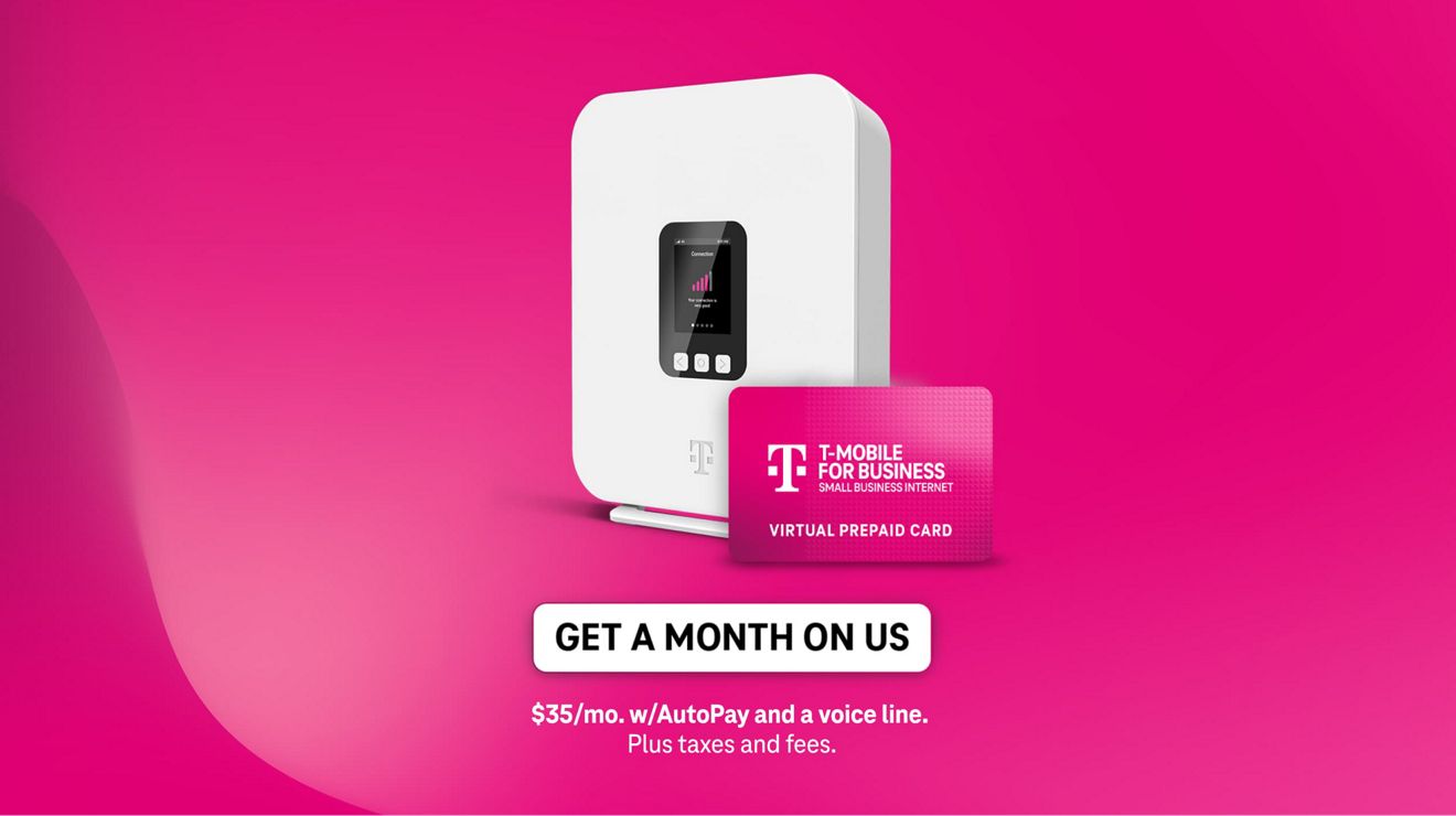 A T-Mobile 5G Gateway and prepaid credit card. Get a month of Small Business Internet On Us, $35 per month with AutoPay and a voice line; plus taxes and fees. 