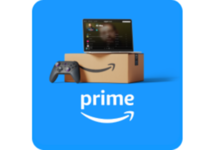 Prime shipping box, video game controller, and movie streaming on a TV.