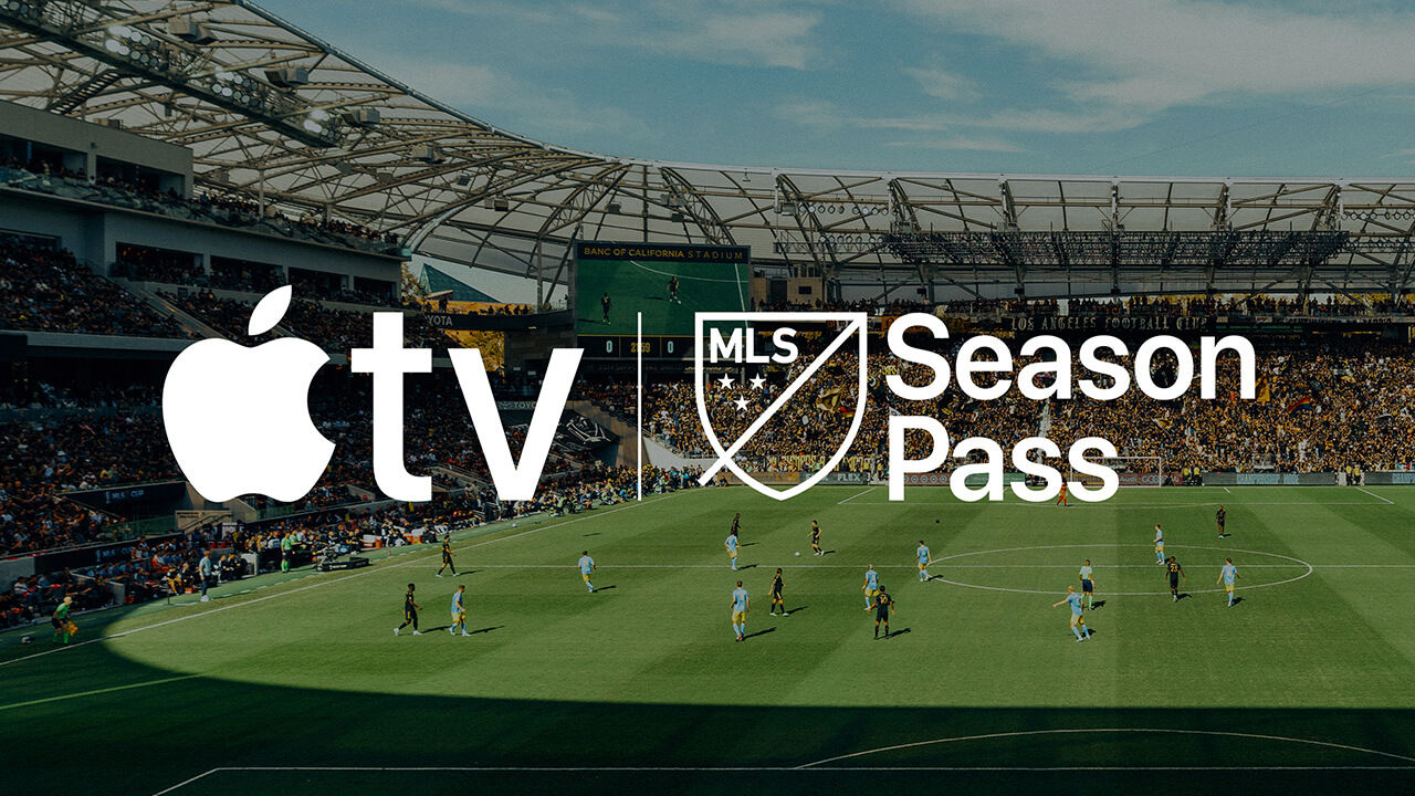 Apple TV and MLS Season Pass logo floating above a soccer field. 