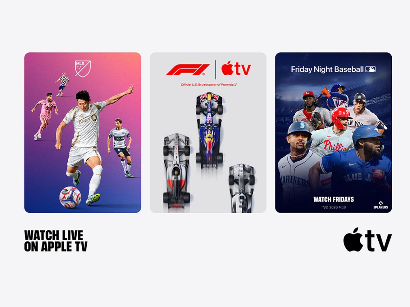 “Watch live on Apple TV” in left corner, soccer players running and one kicking the ball in left panel, Formula 1® cars racing in middle panel, and baseball players in right panel, and Apple TV logo in right corner.