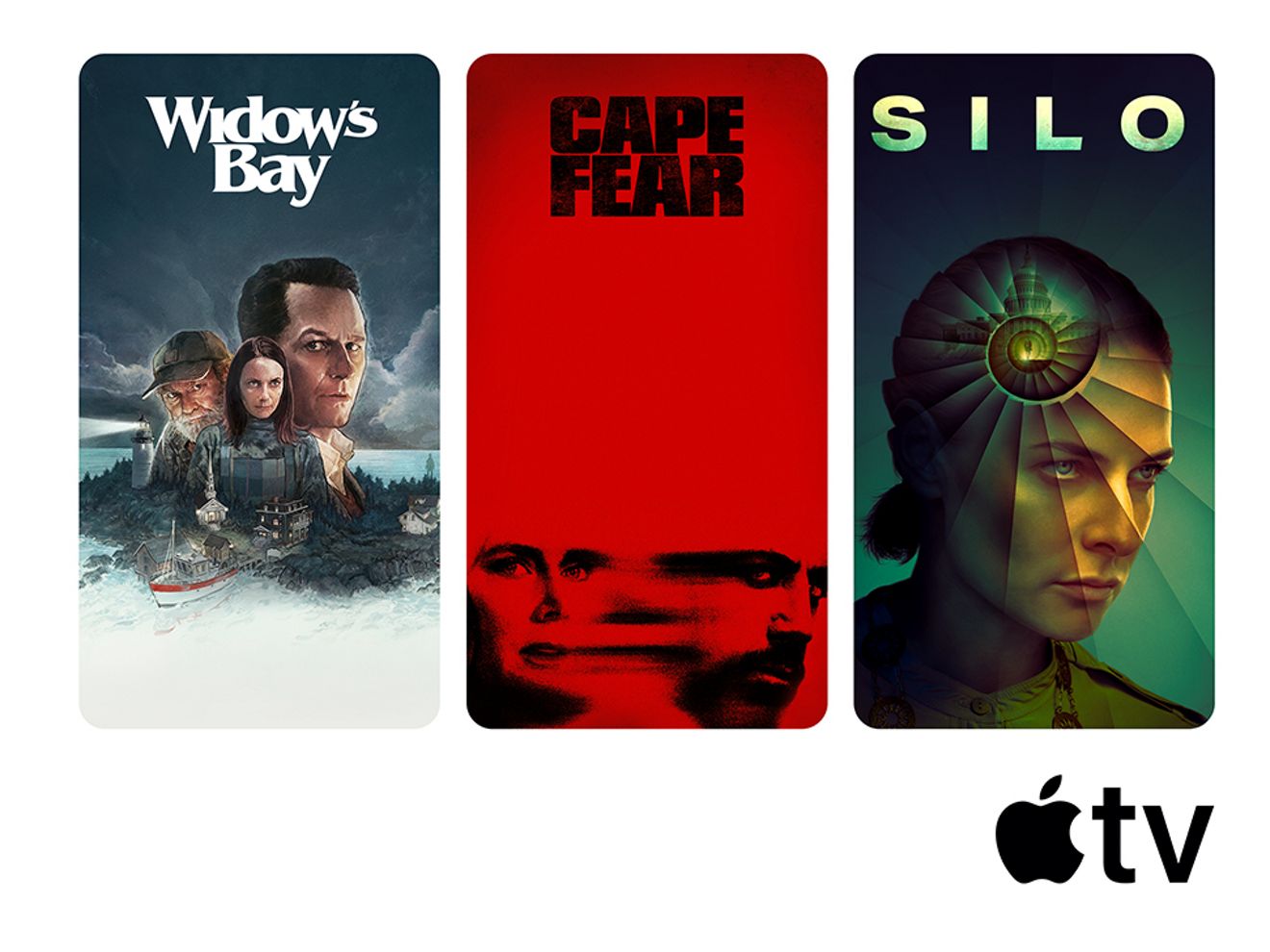 Apple TV promotional graphic featuring artwork for Widow’s Bay, Cape Fear, and Silo displayed side by side.
