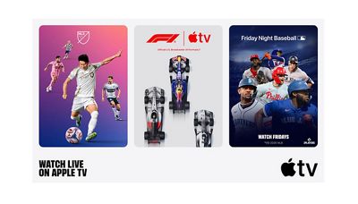 “Watch live on Apple TV” in left corner, soccer players running and one kicking the ball in left panel, Formula 1® cars racing in middle panel, and baseball players in right panel, and Apple TV logo in right corner
