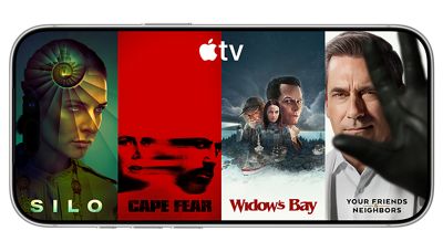 “Watch live on Apple TV” in left corner, soccer players running and one kicking the ball in left panel, Formula 1® cars racing in middle panel, and baseball players in right panel, and Apple TV logo in right corner