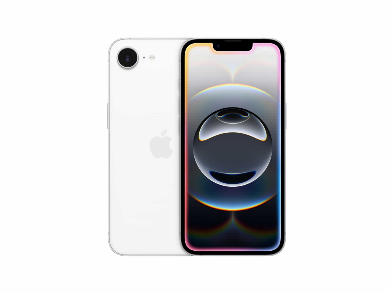 Two iPhone 16e devices, shown back and front.