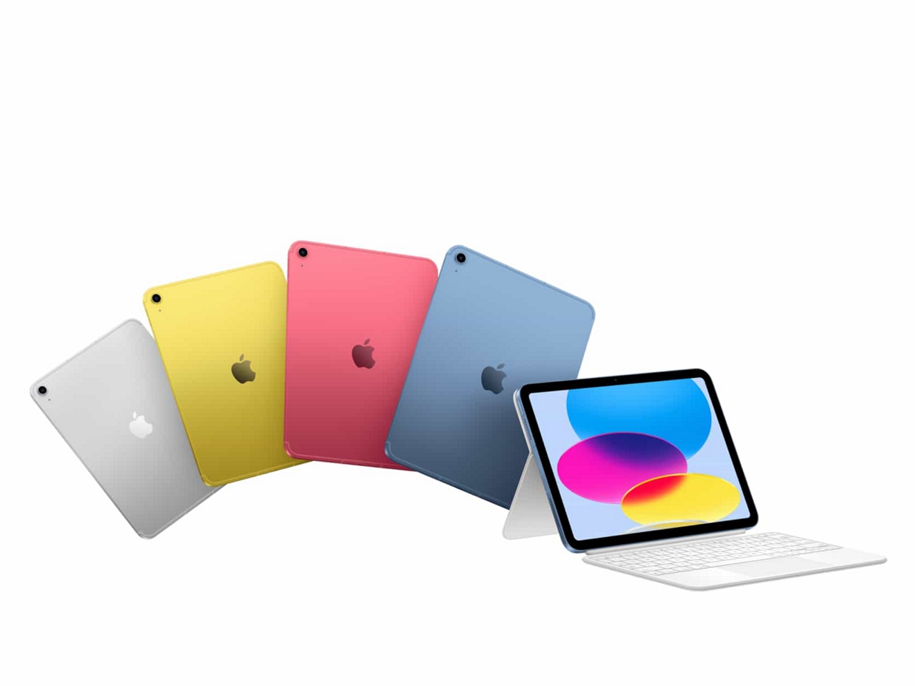 Four iPad A16 devices shown in silver, yellow, pink, and blue, plus one iPad A16 with a keyboard.