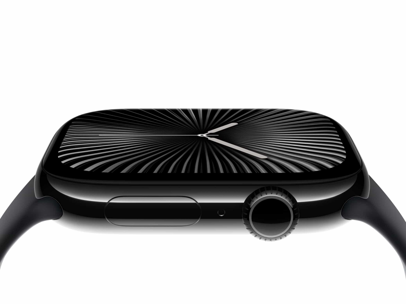 A top and side view of a sleek Apple Watch series 10.