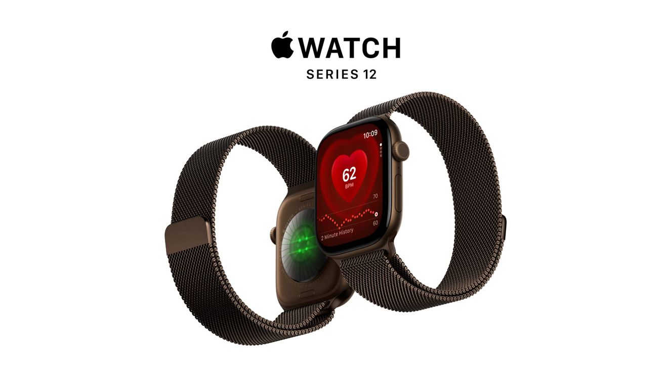 Two Apple Watch Series 12 devices shown back and front with heart rate display.