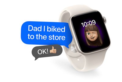 Apple Watch SE (2nd gen) with message bubbles on screen.