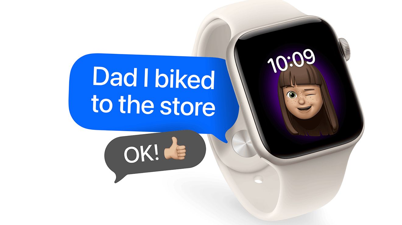 Apple Watch SE (2nd gen) with message bubbles on screen.